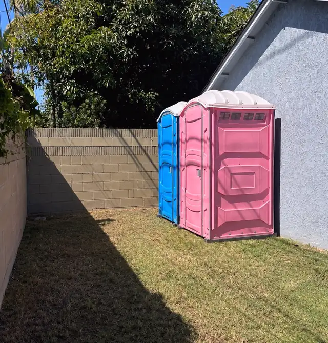 Pink and blue porta potties placed in a backyard side yard