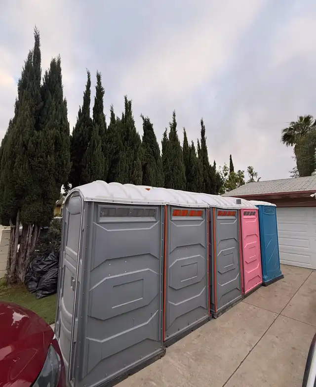Row of gray, pink and blue porta potties along a residential street